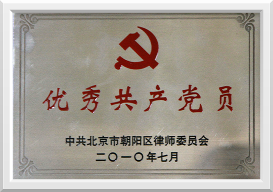 荣获二零一零年中共北京市朝阳区律师委员会优秀共产党员